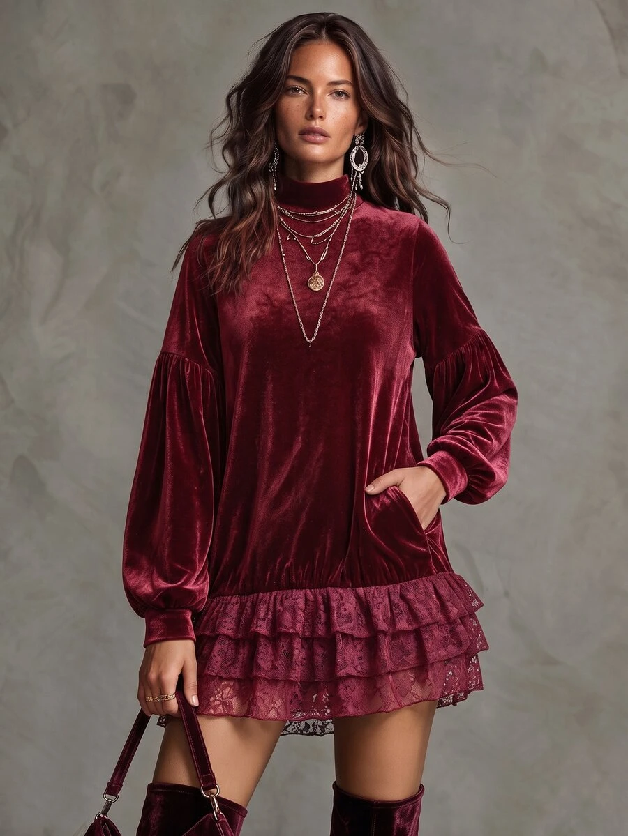 Solivie Women's Autumn Sweatshirt Top Red Velvet Sweatshirt With Contrast Lace - Burgundy - View 1