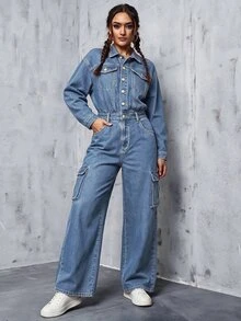 Rivivi Women's Casual Denim Jumpsuit With Pockets For Daily Wear - Blue - View 8