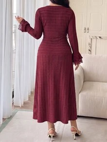 Feyla Plus Size Women's Lace Patchwork Elegant Waist-Cinching Party Dress - Burgundy - View 2