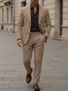 Manfinity Mode Coffee 's 2 Pieces Formal Suit, Solid Color Blazer And Pants Set, Business Casual Autumn Wedding Suit Prom, Simple Fashion Daily Wear Gift, Ceremony - Brown - View 1