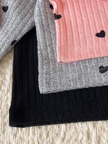 SHEIN Vintaside Kids 3件組女嬰荷葉邊羅紋長袖上衣 可愛愛心印花素色打底衫 舒適嬰兒上衣 秋冬日常穿著 - 彩色 - 查看 7