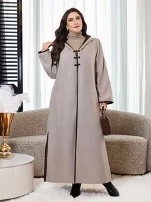 Al Najma Plus Size Women's Colorblock Casual Party Arabic Hooded Abaya - Khaki - View 4