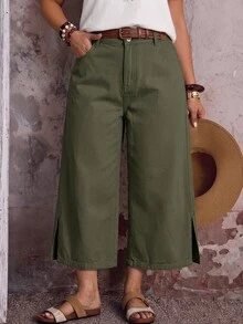 EMERY ROSE EMERY ROSE Plus Size Women's Pocket Side Slit Wide Leg Loose Casual Cropped Denim Jeans - Army Green - View 1
