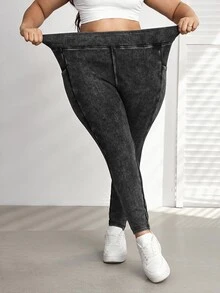 SHEIN CURVE+ بنطلون جينز ضيق عالي المرونة مع جيوب جانبية كاجوال مقاس كبير - الأسود - مشاهدة 4