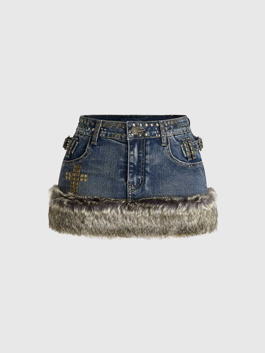 ROMWE Grunge Punk Y2K Retro Metal Rivet Design Mixed Color Frayed Patchwork Ultra Low Waist Mini Denim Skirt For Women - Blue - View 1