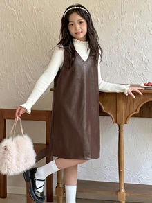 Dazy Kids Tween Girl Solid Color Casual Daily Wear Dress - Brown - View 4