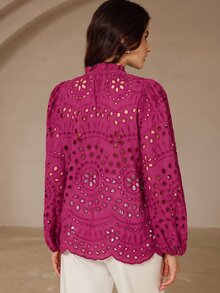 BELROSIE 秋季新款法式風情高級休閒重工刺繡鏤空百褶泡泡長袖襯衫 - 玫紅色 - 查看 2