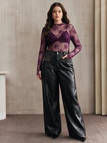 Anewsta Sexy Sheer Lace Long Sleeve Top - Purple - View 4