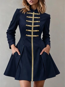 Balvessa Women's Woven Strap Design Long Sleeve Pocket Casual Napoleon Dress - Navy Blue - View 3