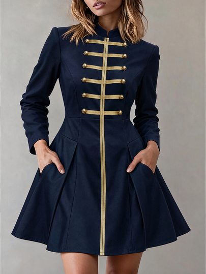 Balvessa Damen-Napoleonkleid mit gewebtem Trägerdesign, langen Ärmeln, Taschen, lässig