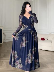 Modelyn Plus Size Women's V-Neck Floral Print Casual Party Dress - Navy Blue - View 4