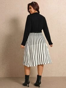 Elaquor Plus Size Women's Colorblock Casual Everyday Knit Dress - Black and White - View 2