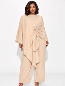 Poshavie Poshavie Plus Size Women Elegant Fashion Premium Set, Long Sleeve Round Neck Flowy Modified Robe Paired With Loose Comfortable Pants, Flattering And Slimming, Suitable For Daily Shopping, Commuting And Outings - Khaki - View 6