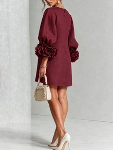 Velvienne Plus Size Women's Vintage Romantic Burgundy Dress, Handmade 3D Floral Cuff Textured Fabric Button-Up Elegant Formal Christening Guest Fall Christmas - Burgundy - View 2