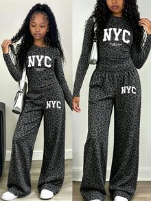 Tween Girls 1 Set Fall NYC Leopard Print Ruched Waist Long Sleeve T-Shirt & Wide Leg Pants Set, Casual Autumn Outfit - Multicolor - View 1