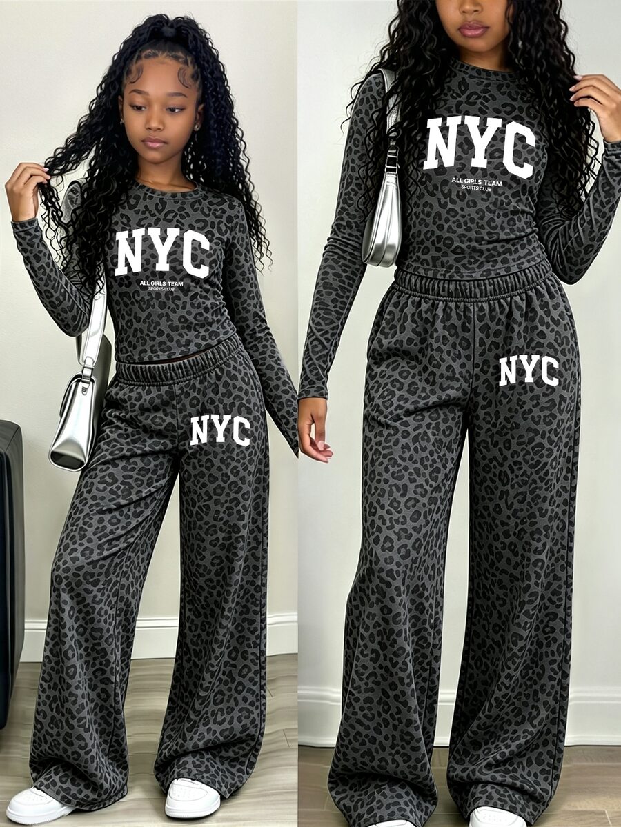 Tween Girls 1 Set Fall NYC Leopard Print Ruched Waist Long Sleeve T-Shirt & Wide Leg Pants Set, Casual Autumn Outfit - Multicolor - View 1