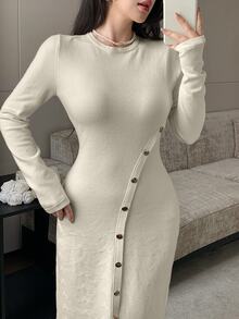 Modelyn Women's Designer Button-Front Round Neck Long Sleeve Dress, Autumn/Winter - Apricot - View 6