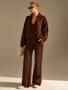 CLARA VERO Shirt Collar Knit Palazzo Set, Oversize Fit, Daily Or Home, Polo Neck, Pocket Pant, Wide Leg - Brown - View 7