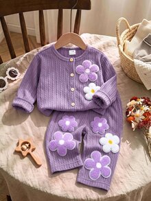 SHEIN Baby Girl 3D Floral Decor Long Sleeve Sweatshirt And Pants Casual Daily Outfit - Purple - View 1