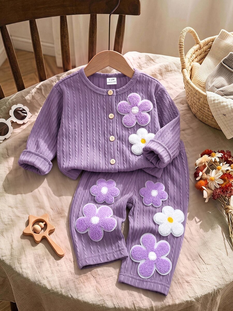 SHEIN Baby Girl 3D Floral Decor Long Sleeve Sweatshirt And Pants Casual Daily Outfit - Purple - View 1