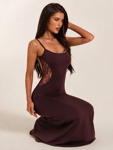 SHEIN BAE Fall Winter Brown Lace Patchwork Sleeveless Wrap Ruched Elegant French Maxi Dress Halloween Party Wedding Guest - Brown - View 1