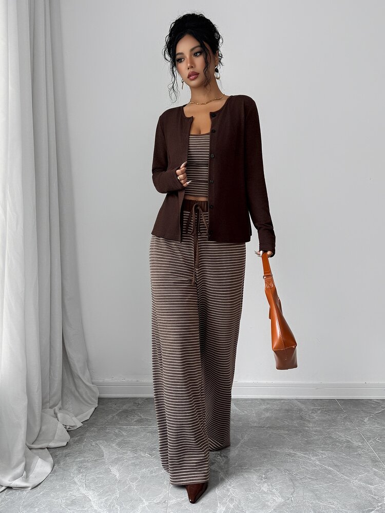 Selianne Women's Knit Solid Color Cardigan With Front Button Closure, Striped Slim Fit Camisole With Drawstring Decor, Elegant Casual Commute Daily Outing Long Pants 2 Pieces Set, Plus Size - Mocha Brown - View 6
