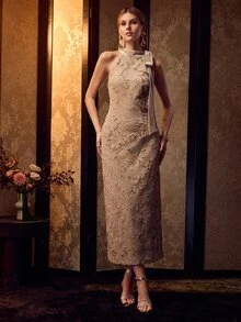 MOTF PREMIUM HALTER NECK SLEEVELESS VELVET LACE DRESS - Apricot - View 4