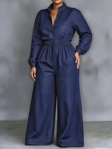 Linhara CURVE Plus Size ButtonFront Overall, Long Sleeve Elastic High Waist Loose Wide Leg Jumpsuit - Navy Blue - View 3