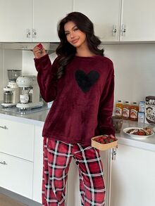 ZzzCrew Heart Embroidered Round Neck Top & Plaid Print Long Pants Comfortable Plush Pajama Set - Red - View 8
