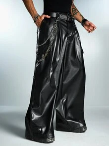 ROMWE MEN Men's PU Loose Wide Leg Long Pants - Black - View 8