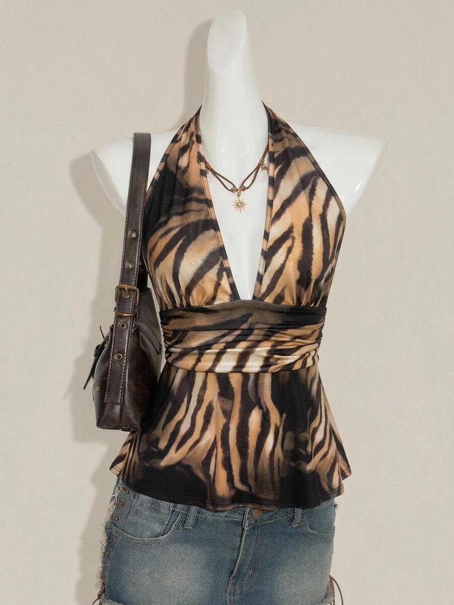 SHEIN ICON Y2K 女款波希米亞風動物印花性感夜店深V領百褶掛脖背心上衣 - 彩色 - 查看 1