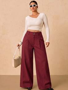 SHEIN Tall CURVE 大尺碼女款高腰口袋寬腿寬鬆休閒牛仔褲 - 紅色 - 查看 6