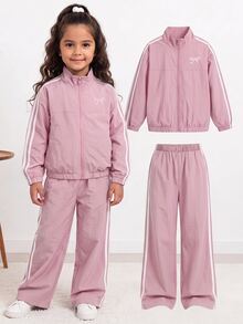 SHEIN 女童小女孩拼色條紋拉鍊外套配蝴蝶結、鬆緊腰長褲，復古套裝，日常穿著校園返校裝 - 藕粉色 - 查看 1