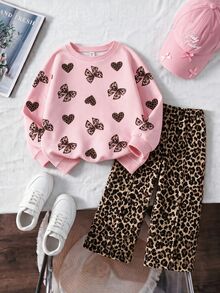 Baby Girls 2pcs Set Fashion Casual Leopard Print Bow Heart Print Crew Neck Long Sleeve Sweatshirt Leopard Print Wide Leg Pants Soft Fabric Suitable For Christmas Outings Autumn/Winter - Multicolor - View 3