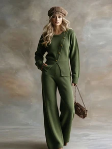 Elenzga Women's Solid Color Long Sleeve Top And Pants Knit 2 Pieces Set - Army Green - View 3