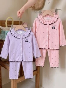 2pcs Baby Girl Comfortable Soft Purple Polka Dot Cherry Pattern Round Neck Ruffle Trim Button Front Long Sleeve Pants Flame Retardant Pajama Set - Mauve Purple - View 6