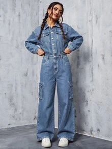 Rivivi Women's Casual Denim Jumpsuit With Pockets For Daily Wear - Blue - View 1