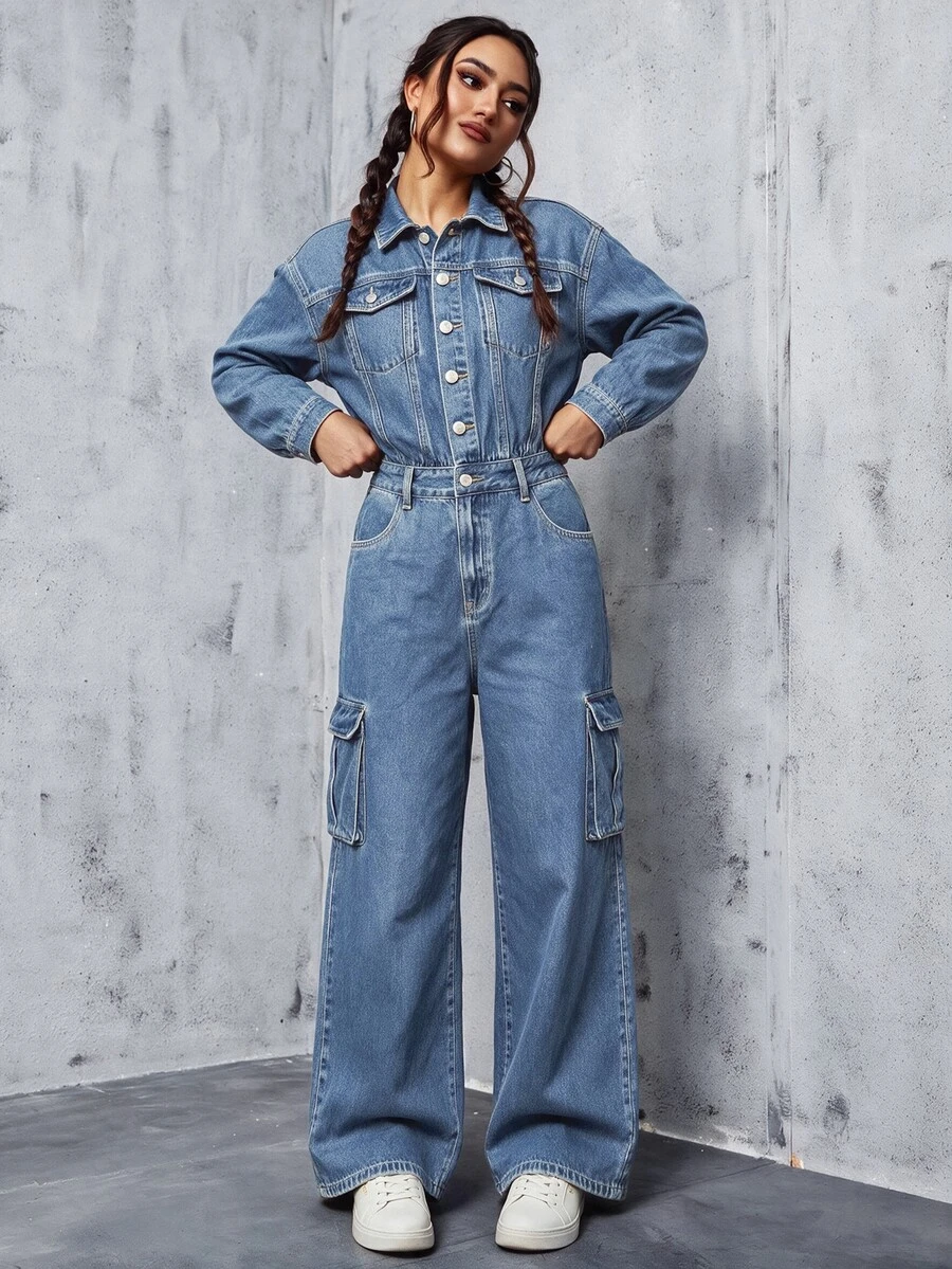 Rivivi Women's Casual Denim Jumpsuit With Pockets For Daily Wear - Blue - View 1