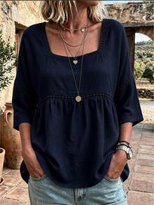 EMERY ROSE Plus Size Lady's Round-Neck Casual Resort Autumn Shirt - Navy Blue - View 3