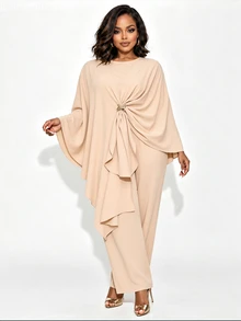Poshavie Poshavie Plus Size Women Elegant Fashion Premium Set, Long Sleeve Round Neck Flowy Modified Robe Paired With Loose Comfortable Pants, Flattering And Slimming, Suitable For Daily Shopping, Commuting And Outings - Khaki - View 7
