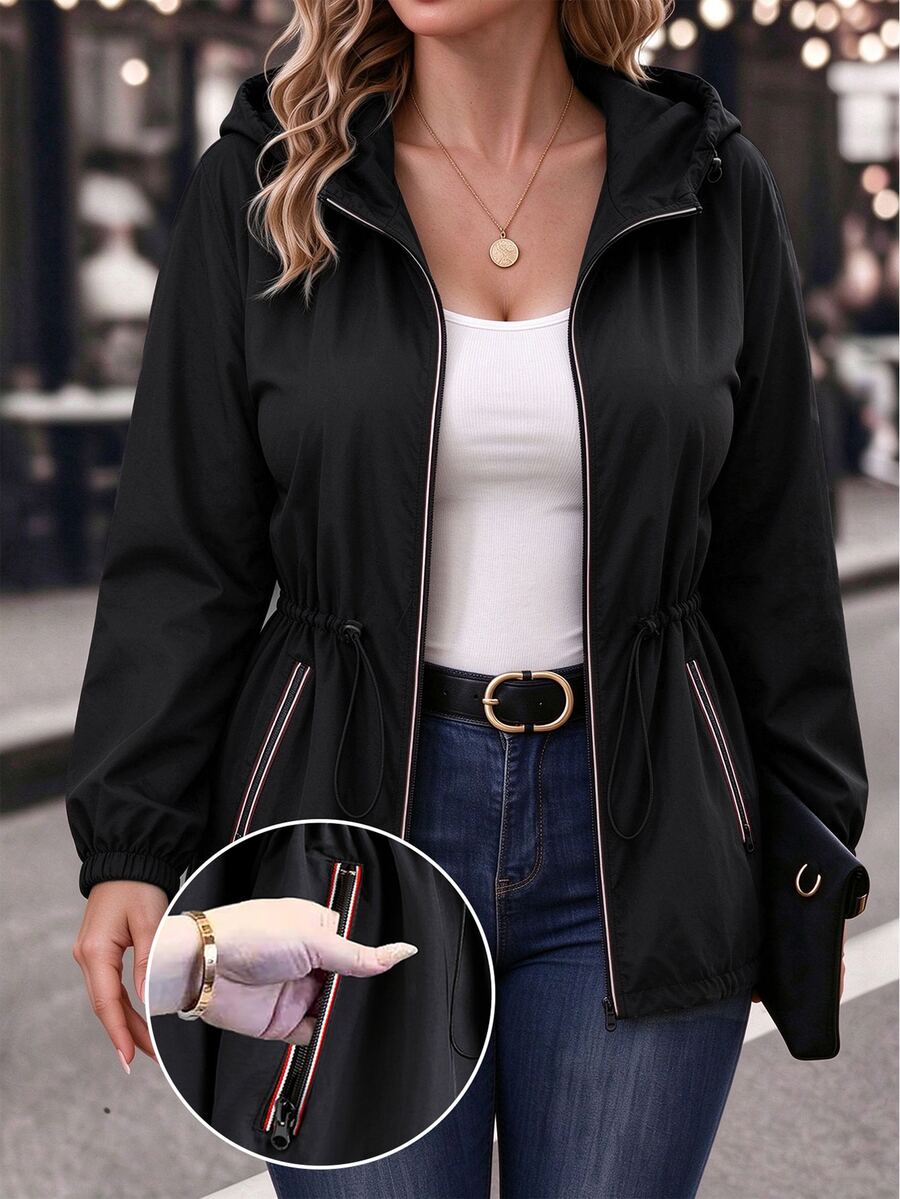 EMERY ROSE Plus Size Women's Solid Color Hooded Zip-Up Jacket With Adjustable Waist And Dual Pockets, Casual Commuter Daily Versatile Outerwear - Black - View 1