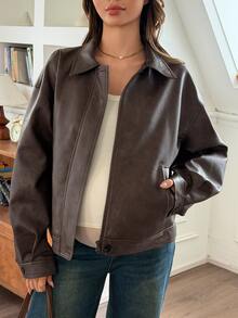DAZY Solid Color Loose PU Jacket Coat, Vintage Street Style, Autumn/Winter, Maternity Regular Outerwear Leather - Coffee Brown - View 5