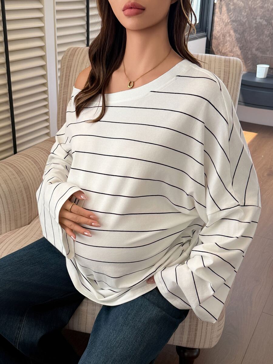 DAZY Loose Asymmetrical Shoulder Striped Top Casual Daily Vacation Spring Autumn Maternity T-Shirt - White - View 1