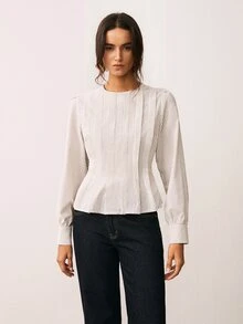ATUI Studio Women's Striped Round Neck Long Sleeve Pleated Design Casual Shirt - Black and White - View 3