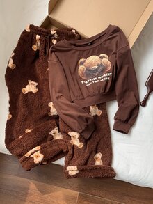 Comfortcana Women's Letter Cartoon Bear Print Sweatshirt And Waist Tie Long Pants Set - Brown - View 8