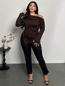 Firerie Plus Size Women Polka Dot Asymmetrical Shoulder Casual Daily Wear T-Shirt - Brown - View 5