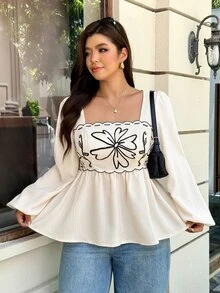 Easura Plus Size Women's Elegant Autumn Printed Blouse, Elegant French Vintage Style, Suitable For Commuting, Dating, Vacation, Party, Birthday Fall - Apricot - View 3