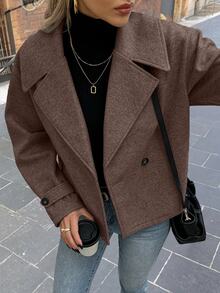 Struktiv Women's Large Lapel Decorative Button Long Sleeve Wool Coat - Coffee Brown - View 1