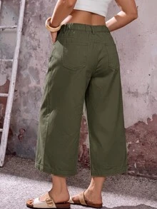 EMERY ROSE EMERY ROSE Plus Size Women's Pocket Side Slit Wide Leg Loose Casual Cropped Denim Jeans - Army Green - View 2