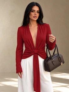 INAWLY Burgundy Deep V-Neck Tie-Front Long Sleeve Ribbed Knit Top, Slim Fit - Burgundy - View 3